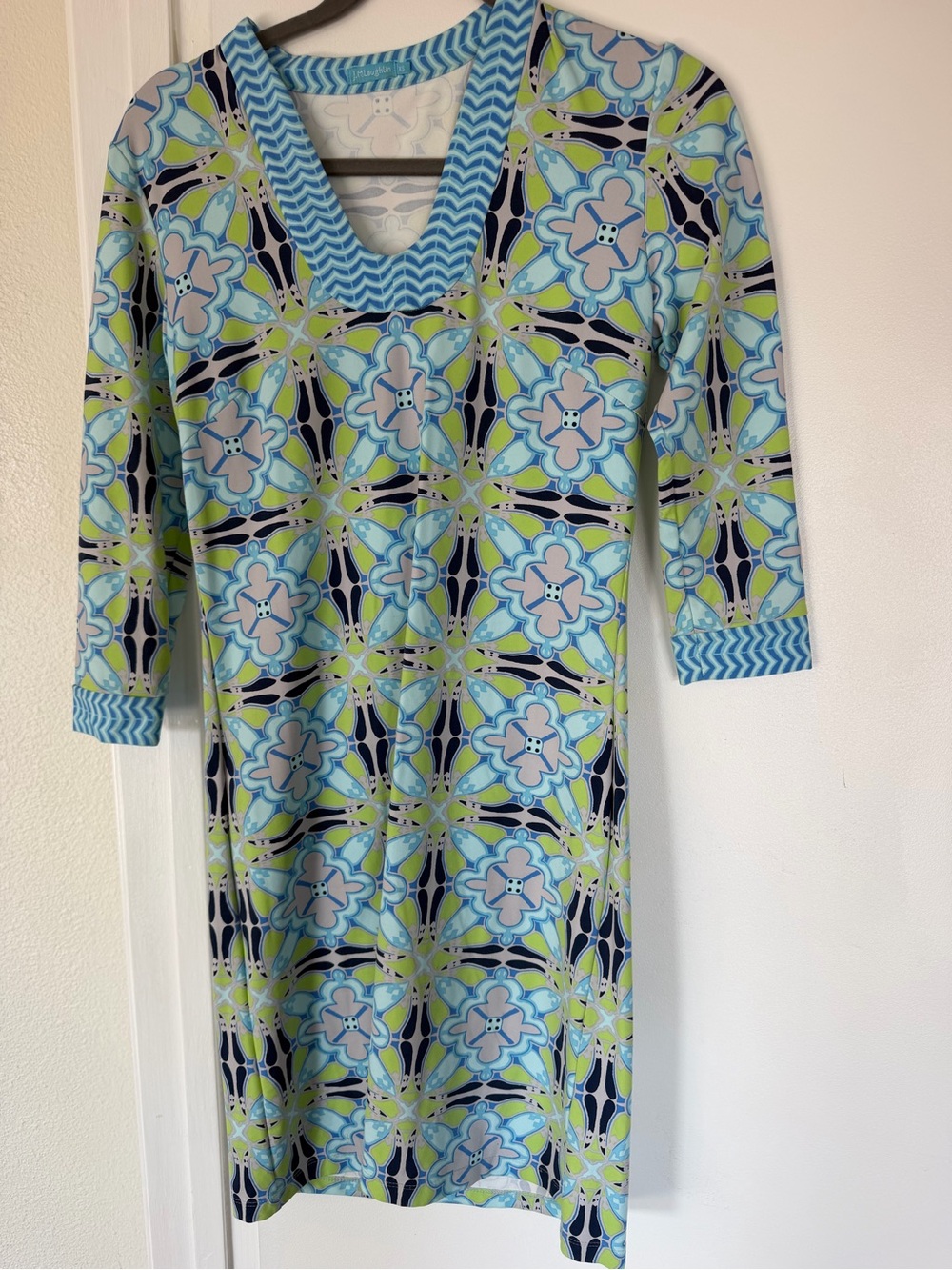 J McLaughlin Floral Mosaic Print Mini Dress in Blue & Green Gisele Retail $238